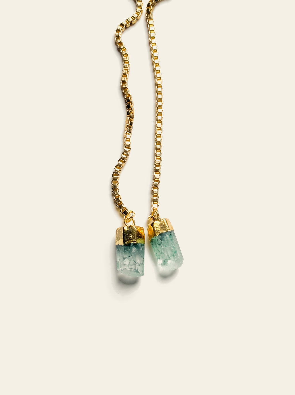 The Portofino - close-up of the two raw green quartz stones in their gold-dipped settings